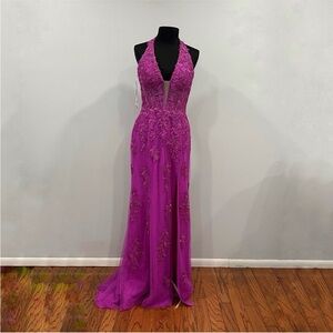 Sherri Hill 56077 Halter Leaf Lace Gown Magenta Size 12